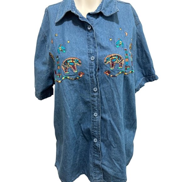 Passion-I Embroidered Southwestern Denim Short Sleeve Bears Birds Shirt XL - Picture 1 of 5